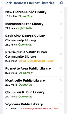 Screenshot of list of LINKcat libraries