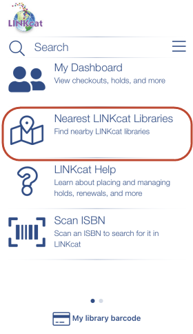 Screenshot of home screen of app with Nearest LINKcat Libraries highlighted
