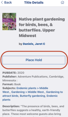 Screenshot of title's details page with Place Hold button highlighted