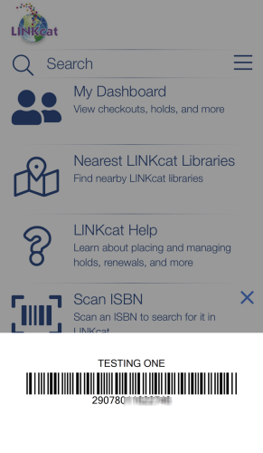 Screenshot of LINKcat Mobile App screen with My library barcode displayed