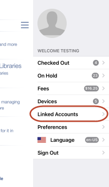 Screenshot of menu screen for accessing linked accounts