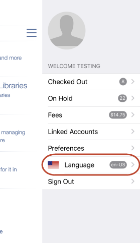 Screenshot of LINKcat Mobile App with Select Language option highlighted